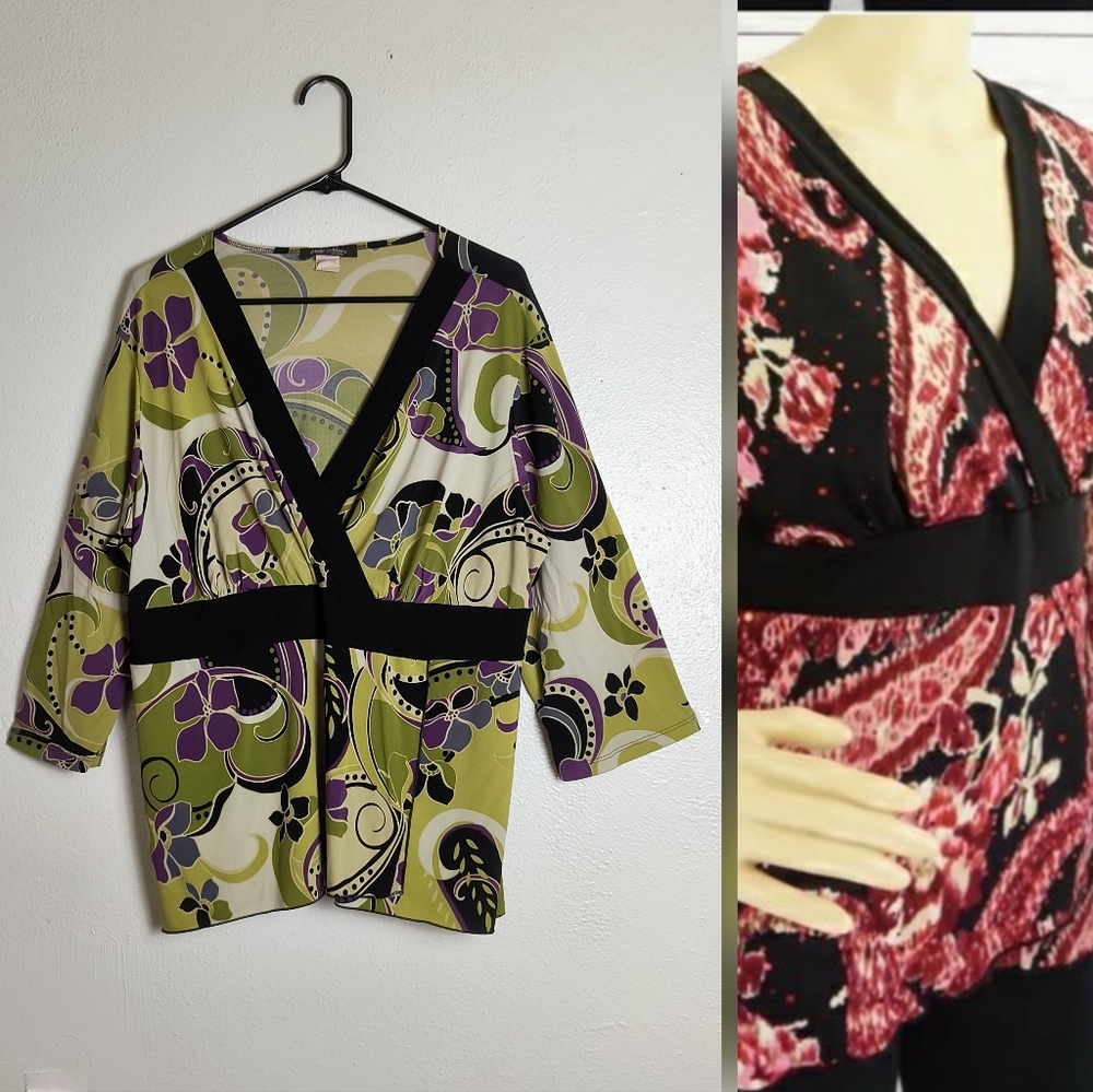 Only Nine 2X Vintage Y2K Faux Wrap Blouse  Abstract Print Green
